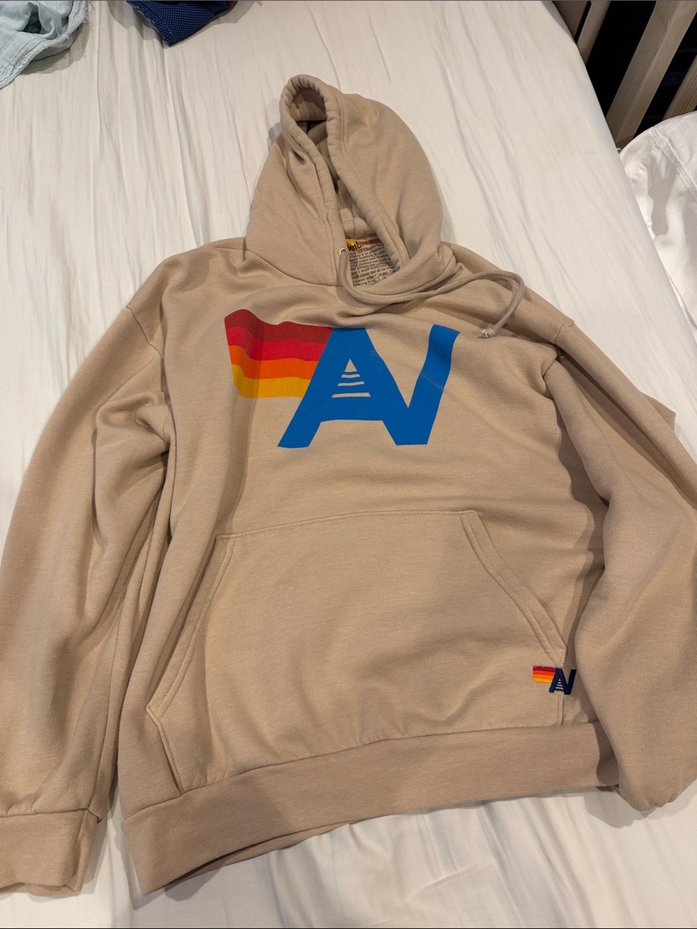 Beige Graphic Hoodie with Rainbow Accent - Men’s Casual Pullover large